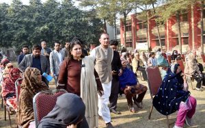 Chairperson Benazir Income Support Programme (BISP), Senator Rubina Khalid addressing the beneficiaries of BISP during her visit to the SIM Distribution Center at Vista Government Secondary School, Sheikhupura.