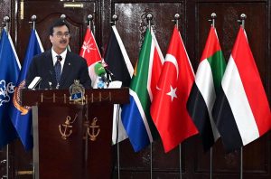Chairman Senate Syed Yusuf Raza Gilani addressing during the closing ceremony of the 8th Maritime Security Workshop (MARSEW-8) at Pakistan Navy War College.