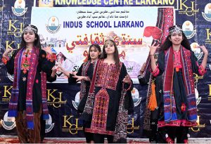 Students of Indus School Larkana performing tableau during Sindhi Culture Festival.