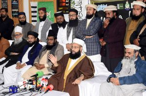 Chairman Pakistan Ulema Council Hafiz Muhammad Tahir Mahmood Ashrafi is holding a press conference at Jamia Masjid Bilal Rehmanpura
