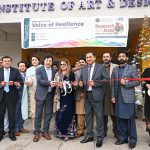 Vice Chancellor University of Sargodha Prof. Dr. Qaisar Abbas, Prof. Dr. Saeed Akbar from the University of Bradford, England, and philanthropist and social activist Ms. Kynat Raza inaugurate the national exhibition “Voice of Resilience,” organized by the Institute of Art and Design at the University of Sargodha. APP/HSD/MAF/FHA/SSH