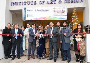 Vice Chancellor University of Sargodha Prof. Dr. Qaisar Abbas, Prof. Dr. Saeed Akbar from the University of Bradford, England, and philanthropist and social activist Ms. Kynat Raza inaugurate the national exhibition “Voice of Resilience,” organized by the Institute of Art and Design at the University of Sargodha. APP/HSD/MAF/FHA/SSH