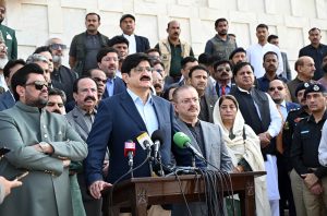 Sindh Chief Minister Syed Murad Ali Shah along with Governor Sindh Kamran Khan Tessori, talks to media at Mazar-e-Quaid on the occasion of 149th Birthday Anniversary of Quaid-e-Azam Mohammad Ali Jinnah.
