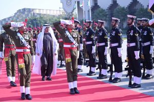 President of UAE, His Highness Sheikh Mohamed bin Zayed Al Nahyan is being presented Guard of Honour upon arrival at Noor Khan Airbase.