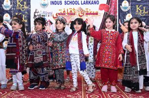 Students of Indus School Larkana performing tableau during Sindhi Culture Festival.
