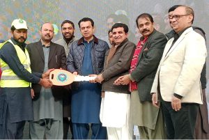 State Minister for Interior Senator Talal Chaudhary addresses the gathering after distributing motorbikes to Para-veterinary staff at the Civil Veterinary Hospital.