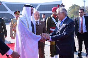 Prime Minister Muhammad Shehbaz Sharif introduces members of the Federal Cabinet to the President of UAE, Mohamed bin Zayed al-Nahyan at Noor Khan Base.