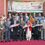 Vice Chancellor University of Sargodha Prof. Dr. Qaiser Abbas and Pro Vice Chancellor Prof. Dr. Masood Sarwar Awan welcome by staff members during the second annual Research Arena at University of Sargodha