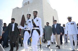 Governor Sindh Kamran Khan Tessori and Sindh Chief Minister Syed Murad Ali Shah after laying floral wreath at mausoleum of Quaid-e-Azam Muhammad Ali Jinnah to pay homage to the father of the nation on the occasion of his 149th birth anniversary.