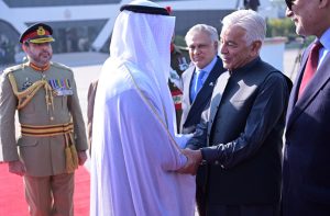 Prime Minister Muhammad Shehbaz Sharif introduces members of the Federal Cabinet to the President of UAE, Mohamed bin Zayed al-Nahyan at Noor Khan Base.