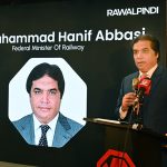 Federal Minister for Railways Muhammad Hanif Abbasi addressing at Launching ceremony of new MG motors vehicle.