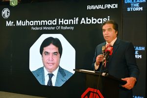 Federal Minister for Railways Muhammad Hanif Abbasi addressing at Launching ceremony of new MG motors vehicle.