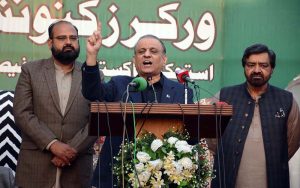 Federal Minister for Communications Abdul Aleem Khan is addressing a workers convention at 214 RB, Royal Villas