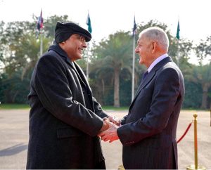President Asif Ali Zardari shaking hands with Dr. Abdul Latif Jamal Rashid, President of Iraq, during the official welcoming ceremony at Baghdad Palace.