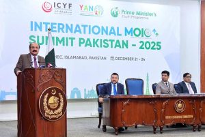 Chairman Prime Minister's Youth Programme Rana Mashhood Ahmad Khan while addressing the International MOIC SUMMIT Pakistan 2025.