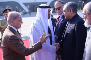 Prime Minister Muhammad Shehbaz Sharif introduces members of the Federal Cabinet to the President of UAE, Mohamed bin Zayed al-Nahyan at Noor Khan Base.