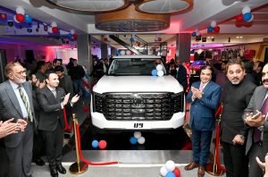 Federal Minister for Railways Muhammad Hanif Abbasi addressing at Launching ceremony of new MG motors vehicle.