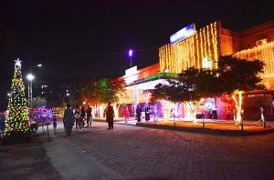A view of St. Elizabeth Hospital illuminated with festive lights in connection with the upcoming Christmas celebrations in Latifabad.