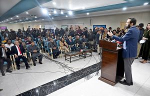 Federal Minister for Information and Broadcasting Attaullah Tarar addresses the Christmas Eve ceremony organized by the National Press Club Islamabad, in collaboration with Medic Galleria and the Zakat Foundation of America.