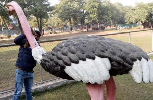 A PHA worker cleans the structure of an ostrich sculpture at Gulshan-e-Iqbal Park in the Provincial Capital.