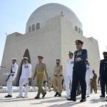 Representatives of the three arms forces after laying a floral wreath at mausoleum of Quaid-e-Azam Muhammad Ali Jinnah to pay homage to the father of the nation on the occasion of his 149th birth anniversary.