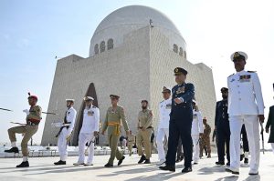 Representatives of the three arms forces after laying a floral wreath at mausoleum of Quaid-e-Azam Muhammad Ali Jinnah to pay homage to the father of the nation on the occasion of his 149th birth anniversary.