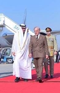 Prime Minister Muhammad Shehbaz Sharif welcomes President of UAE, Mohamed bin Zayed al-Nahyan upon his arrival at Noor Khan Base.