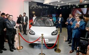 Federal Minister for Railways Muhammad Hanif Abbasi addressing at Launching ceremony of new MG motors vehicle.