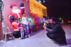 A view of St. Elizabeth Hospital illuminated with festive lights in connection with the upcoming Christmas celebrations in Latifabad.