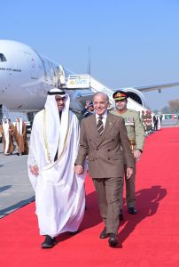 Prime Minister Muhammad Shehbaz Sharif welcomes President of UAE, Mohamed bin Zayed al-Nahyan upon his arrival at Noor Khan Base.