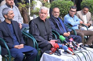 Defense Minister Khawaja Muhammad Asif is addressing the media at his residence.