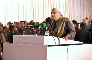 President Asif Ali Zardari addresses a public gathering on the martyrdom anniversary of Shaheed Mohtarma Benazir Bhutto.