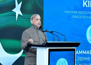 Prime Minister Muhammad Shehbaz Sharif addresses the inaugural ceremony of Kashmir Institute of Nuclear Medicine, Oncology and Radiotherapy.
