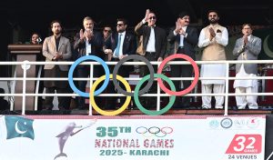 Chairman of Pakistan People's Party (PPP) Bilawal Bhutto Zardari addressing the opening ceremony of 35th National Games 2025 at National Bank Stadium.