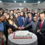 Federal Minister for Information and Broadcasting Attaullah Tarar, PIO Mobashir Hassan, Managing Director Associated Press of Pakistan Muhammad Asim Khichi, and Secretary General NPC Nayyar Ali join members of the Christian community in cutting a Christmas cake during a Christmas Eve ceremony organized by the National Press Club Islamabad, in collaboration with Medic Galleria and the Zakat Foundation of America.