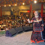 A folk artist Sema Kirmani performing folk dance during last day of 11th Ayaz Mela organized by Khana Badosh writers cafe Sindh Museum.