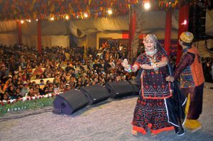 A folk artist Sema Kirmani performing folk dance during last day of 11th Ayaz Mela organized by Khana Badosh writers cafe Sindh Museum.