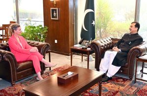 Chairman Senate, Syed Yousuf Raza Gilani in a meeting with Ms. Shelley Saxen, U.S. Political Counselor, U.S. Embassy at Parliament House.