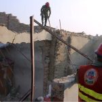 A view of houses damaged due to a gas leak explosion at Luhur Colony, in a result one killed and more than 20 others were injured, including man, women and children who have been shifted to the Trauma Center for medical treatment
