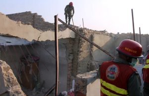 A view of houses damaged due to a gas leak explosion at Luhur Colony, in a result one killed and more than 20 others were injured, including man, women and children who have been shifted to the Trauma Center for medical treatment