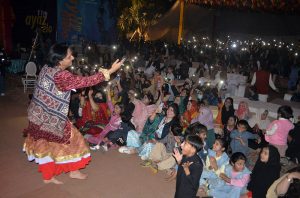 A folk artist Sema Kirmani performing folk dance during last day of 11th Ayaz Mela organized by Khana Badosh writers cafe Sindh Museum.