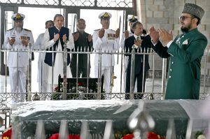 Senator Saleem Mandviwalla whip Senate offering Fateha after laying a floral wreath at mausoleum of Quaid-e-Azam Muhammad Ali Jinnah to pay homage to the father of the nation on the occasion of his 149th birth anniversary.