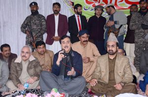 Chairman Senate Syed Yousaf Raza Gillani speaks during a Mehfil-e-Milad ceremony hosted by former MNA Mehr Irshad Sial at Sial House.