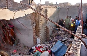 A view of houses damaged due to a gas leak explosion at Luhur Colony, in a result one killed and more than 20 others were injured, including man, women and children who have been shifted to the Trauma Center for medical treatment