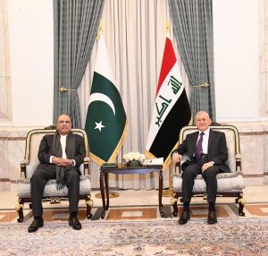 President Asif Ali Zardari holds a one-on-one meeting with Dr. Abdul Latif Jamal Rashid, President of Iraq, at Baghdad Palace.