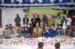 Chairman Senate Syed Yousaf Raza Gillani speaks during a Mehfil-e-Milad ceremony hosted by former MNA Mehr Irshad Sial at Sial House.