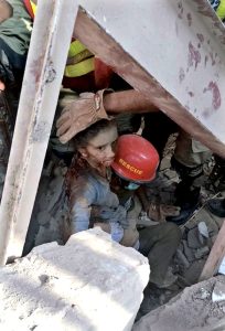 A view of houses damaged due to a gas leak explosion at Luhur Colony, in a result one killed and more than 20 others were injured, including man, women and children who have been shifted to the Trauma Center for medical treatment