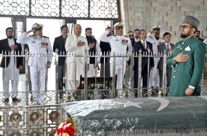 Senator Saleem Mandviwalla whip Senate offering Fateha after laying a floral wreath at mausoleum of Quaid-e-Azam Muhammad Ali Jinnah to pay homage to the father of the nation on the occasion of his 149th birth anniversary.