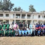 A group photograph of Secretary Education Board Syed Abu-ul-Hassan Naqvi and Director Sports Education Board Chaudhary Anees Gujjar with players during the Inter-Collegiate Girls’ Athletic Championship at the Education Board Ground