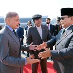 President Asif Ali Zardari and Prime Minister Muhammad Shehbaz Sharif welcoming the President of Indonesia H.E. Prabowo Subianto upon his arrival at Noor Khan Base